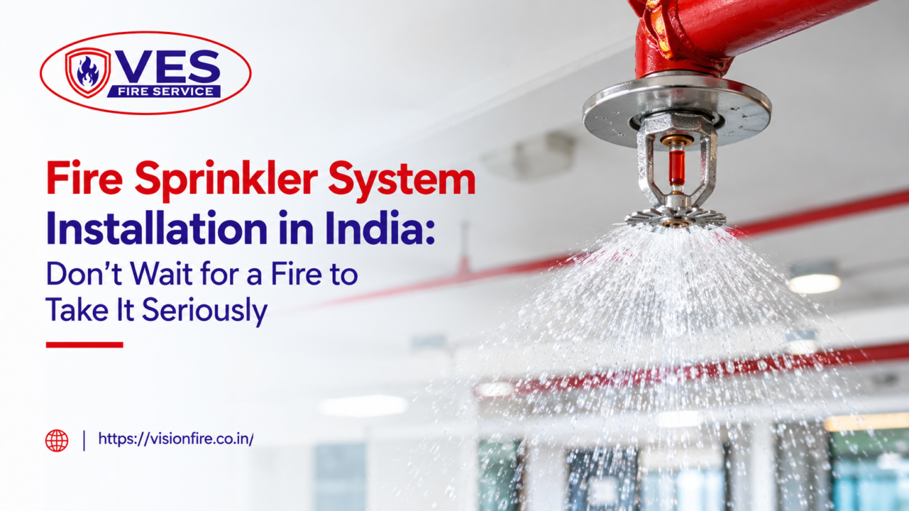 Fire sprinkler system installation on a commercial building ceiling in India